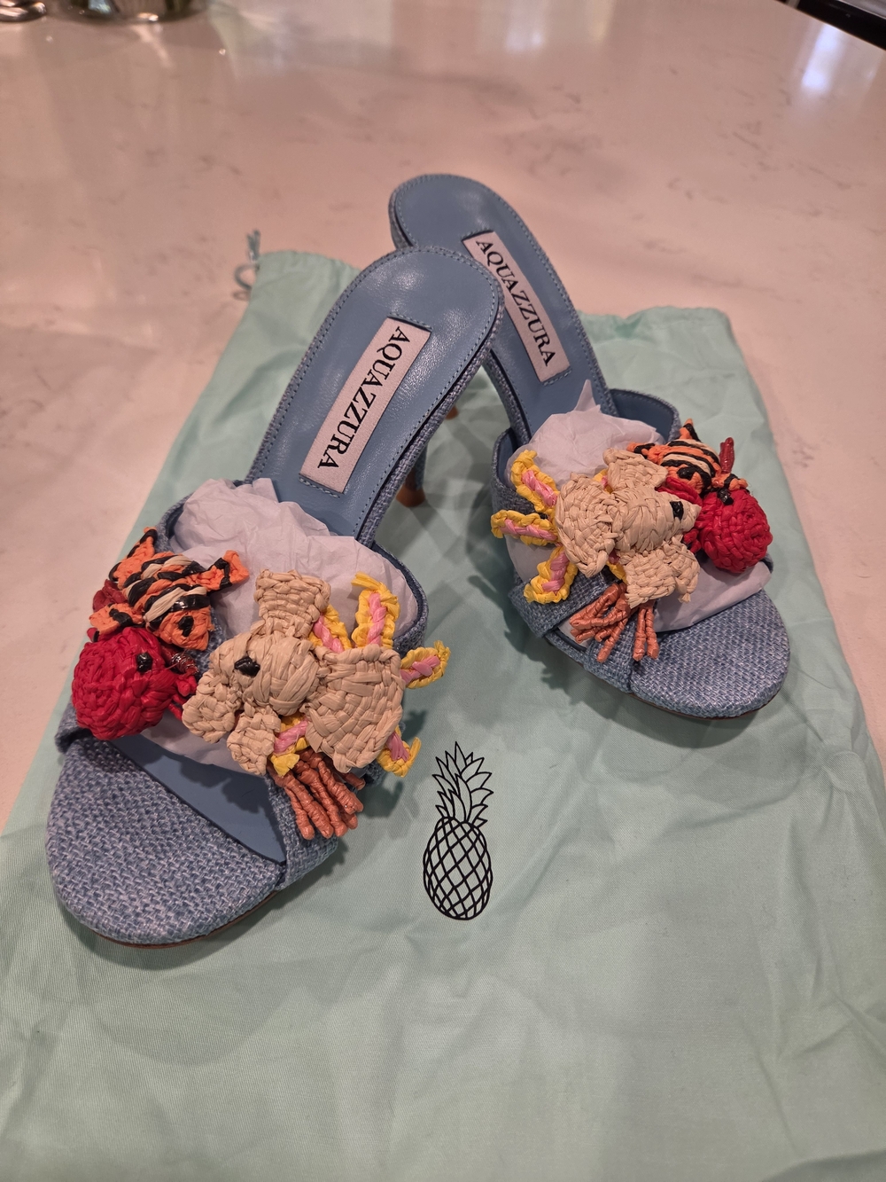 Aquazzura Blue Raffia Embellished Slide Sandals